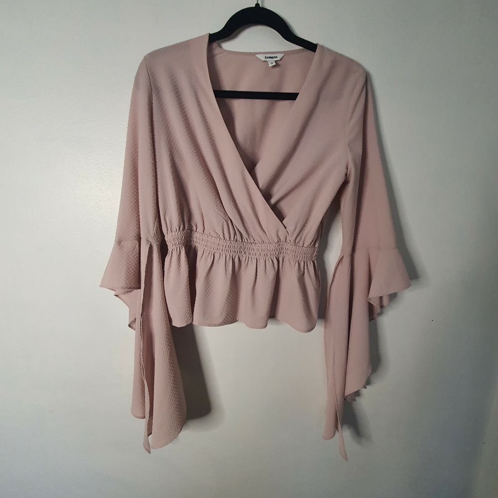 Express Mauve Pink Blouse Small Bell Sleeve V-Neck Top Crossover Wrap Juniors - Picture 4 of 11